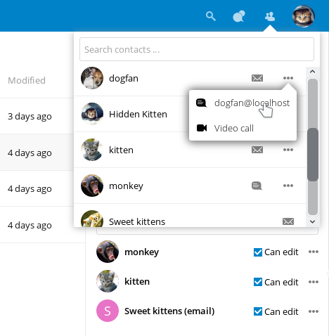 screenshot of contacts menu at top-right of Nextcloud Web GUI