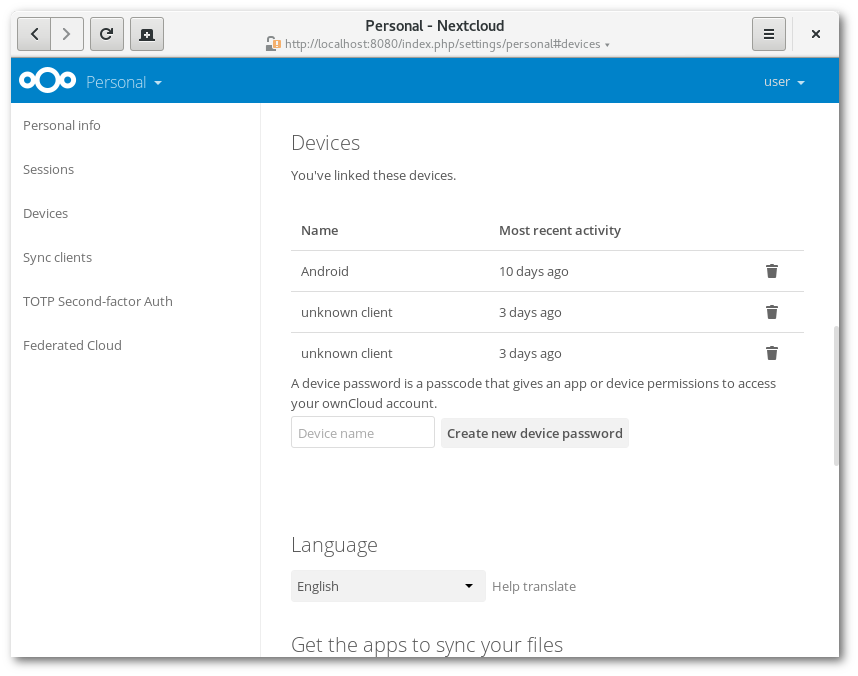 List of connected devices.